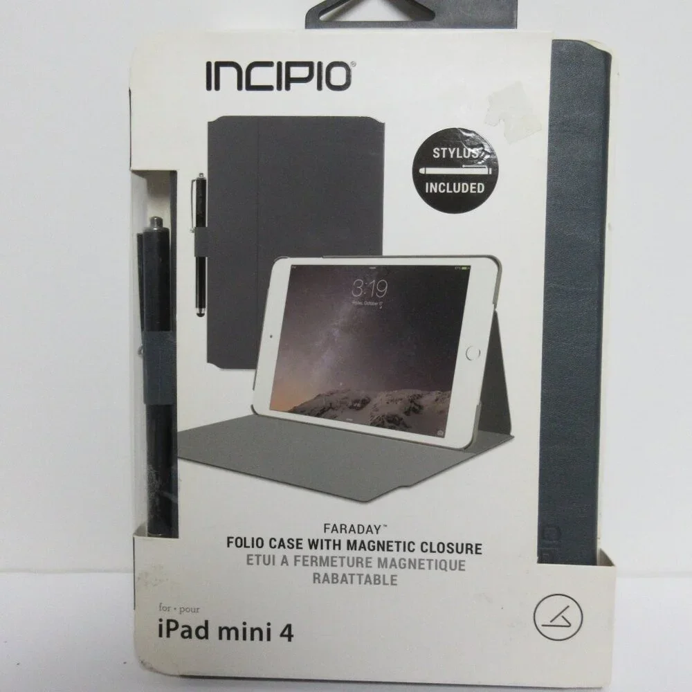Incipio Faraday Navy Leather Case i pad mini 4 Gray Magnetic Closure W/Stylus